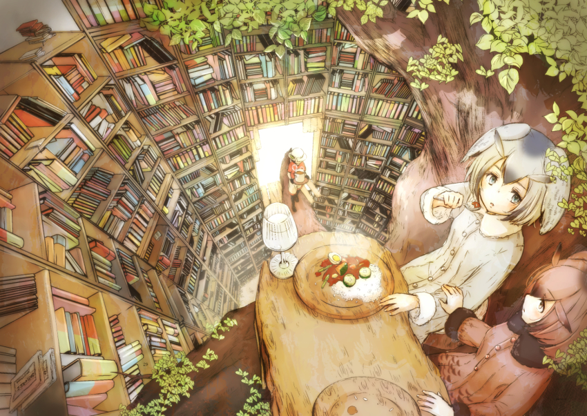 10s, 3girls, black_legwear, bookshelf, brown_hair, coat, curry, curry_rice