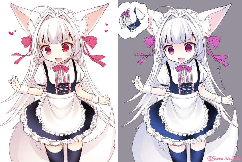 1girl, :d, ahoge, animal_ears, apron, before_and_after, breast_conscious, breasts