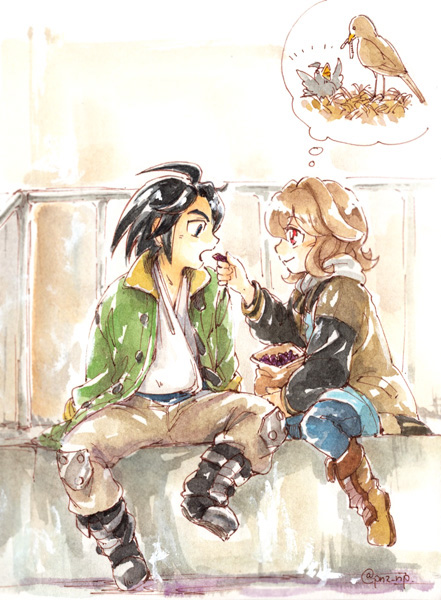 1boy, 1girl, atra_mixta, ayu_(ponzu), baby_animal, bird, blue_eyes, chick, feeding, gundam, gundam_tekketsu_no_orphans, imagining, mikazuki_augus, nest, open_mouth, red_eyes, short_hair