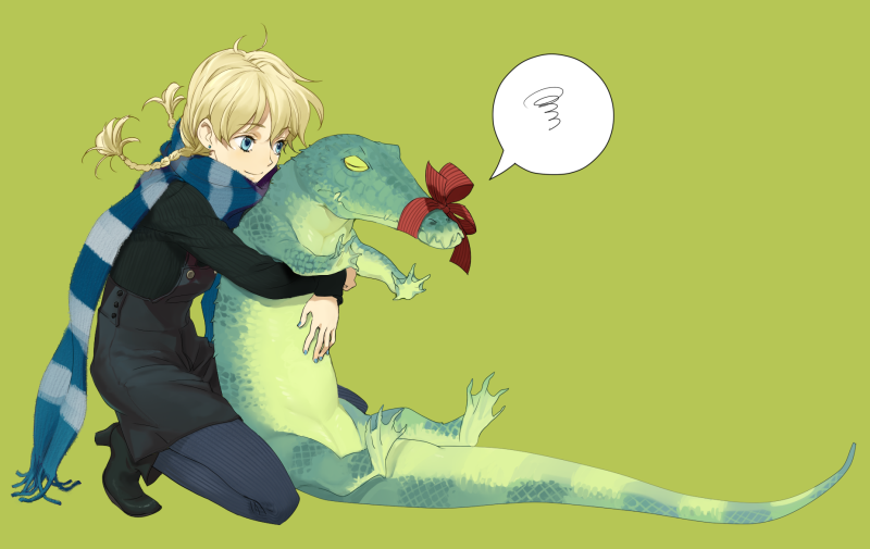 1girl, animal, blonde_hair, blue_eyes, braid, crocodile, crocodilian, hug