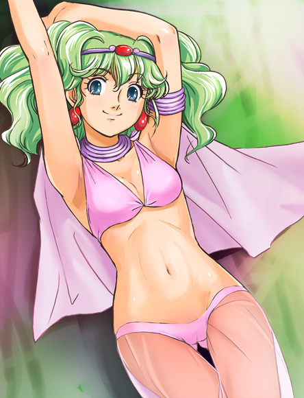 1girl, armpits, arms_up, blue_eyes, circlet, earrings, female_focus, green_hair, haruyama_kazunori, houraisan_no_rakushu, jewelry, lakshu, long_hair, midriff, navel, solo, tenkuu_senki_shurato
