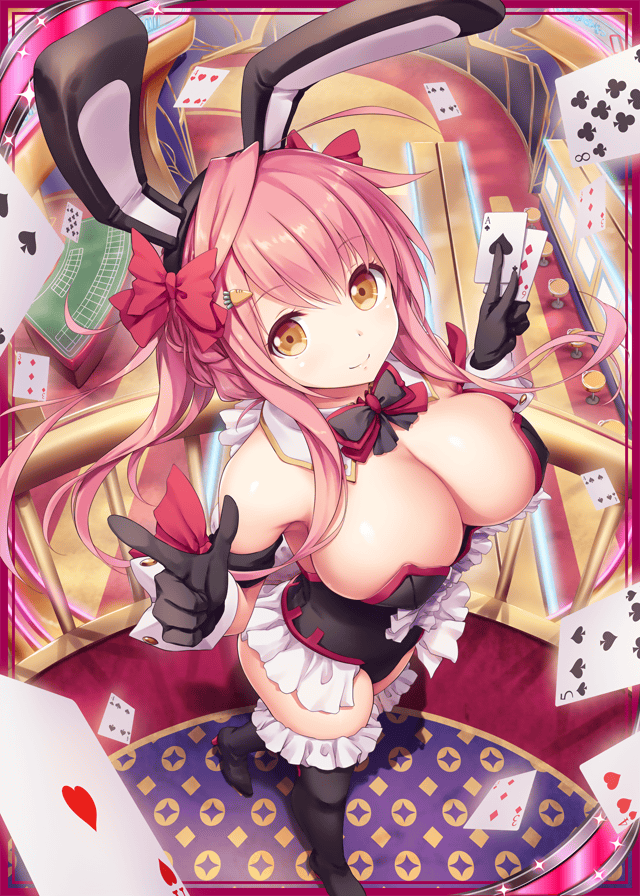 1girl, akkijin, animal_ears, black_gloves, blush, bow, bowtie, breasts, card, cleavage, fortuna_(shinkai_no_valkyrie), frilled_thighhighs, frills, gloves, hair_ornament, hair_ribbon, heart, large_breasts, long_hair, looking_at_viewer, orange_eyes, pink_hair, playing_card, poker, rabbit_ears, ribbon, shinkai_no_valkyrie, thighhighs