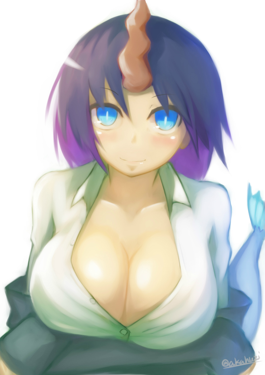 >:), 10s, 1girl, absurdres, akahuzi, bad_id, bad_pixiv_id, blazer, blue_eyes, blush, breasts, brown_hair, cleavage, closed_mouth, collarbone, collared_shirt, dragon_girl, dragon_tail, dress_shirt, elma_(maidragon), female_focus, highres, horns, jacket, kobayashi-san_chi_no_maidragon, large_breasts, looking_at_viewer, mature_female, off_shoulder, open_clothes, open_shirt, purple_hair, shirt, single_horn, slit_pupils, smile, solo, tail, twitter_username, upper_body, v-shaped_eyebrows, white_shirt, wing_collar