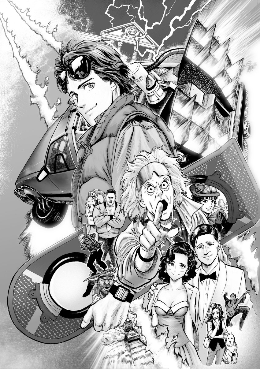 3girls, 6+boys, absurdres, animification, back_to_the_future, back_to_the_future_part_ii, back_to_the_future_part_iii, baseball_bat