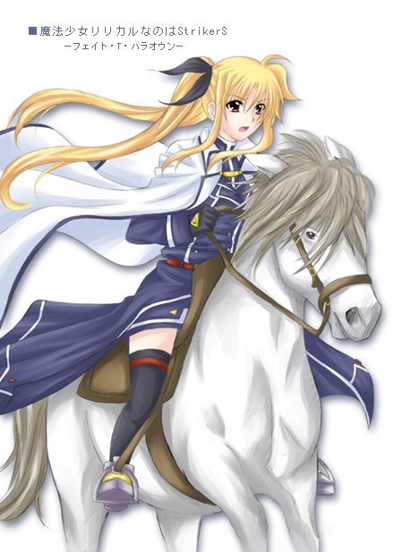 00s, cape, fate_testarossa, horse, lyrical_nanoha, mahou_shoujo_lyrical_nanoha, mahou_shoujo_lyrical_nanoha_strikers, misuzu_(iridescence), miwa_maku, riding, solo, thighhighs, translated, uniform