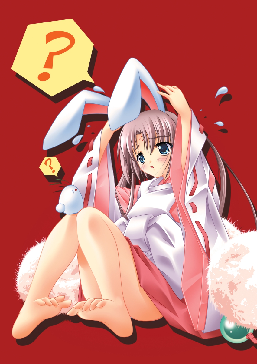 1girl, ?, absurdres, animal_ears, barefoot, caren_mayfield, feet, female_focus, highres, moldavite, panties, rabbit_ears, simple_background, solo, toes, underwear, yuki_usagi