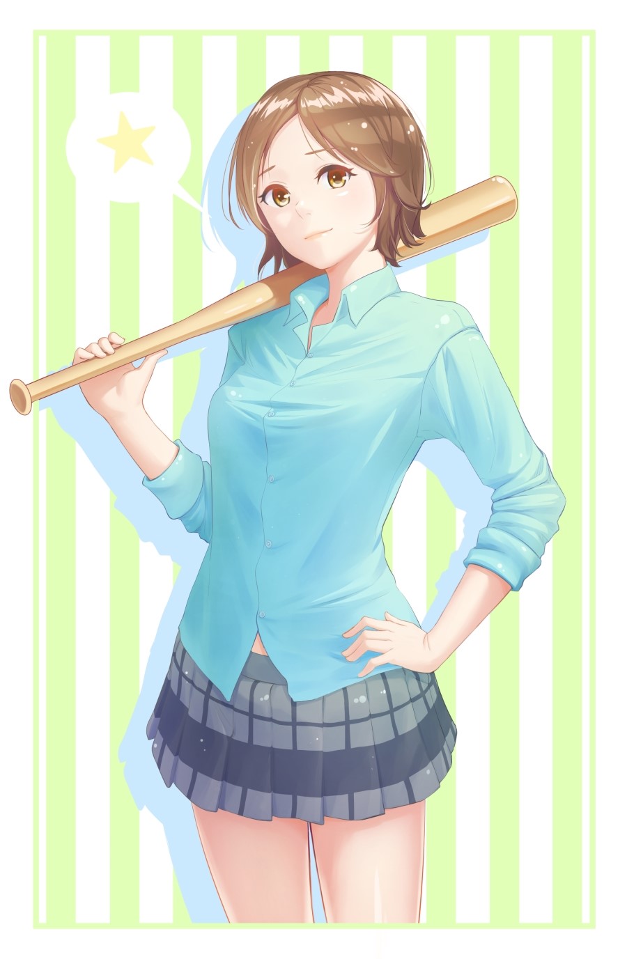 10s, 1girl, baseball_bat, bat_(animal), blue_shirt, brown_eyes, brown_hair, c-eye