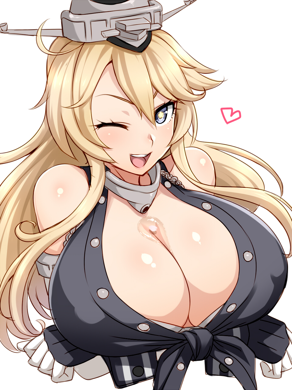 >;d, 10s, 1girl, ;d, bad_id, bad_pixiv_id, bare_shoulders, blonde_hair, blue_eyes, blush, breast_hold, breasts, bust_cup, cleavage, crossed_arms, elbow_gloves, female_focus, front-tie_top, gloves, hair_between_eyes, headgear, heart, highres, huge_breasts, iowa_(kancolle), kantai_collection, long_hair, maeda_r44, one_eye_closed, open_mouth, sidelocks, smile, solo, star-shaped_pupils, star_(symbol), symbol-shaped_pupils, upper_body, v-shaped_eyebrows