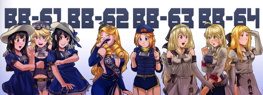 10s, 6+girls, absurdres, adapted_costume, ahoge, alternate_hairstyle, anchor_earrings, backwards_hat