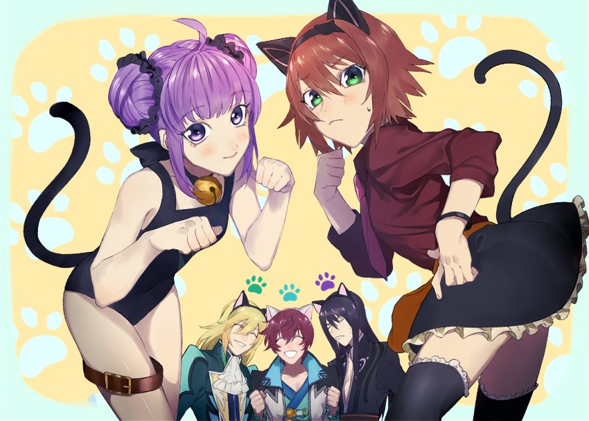 00s, 2girls, 3boys, :d, animal_ears, apron, asbel_lhant, ascot