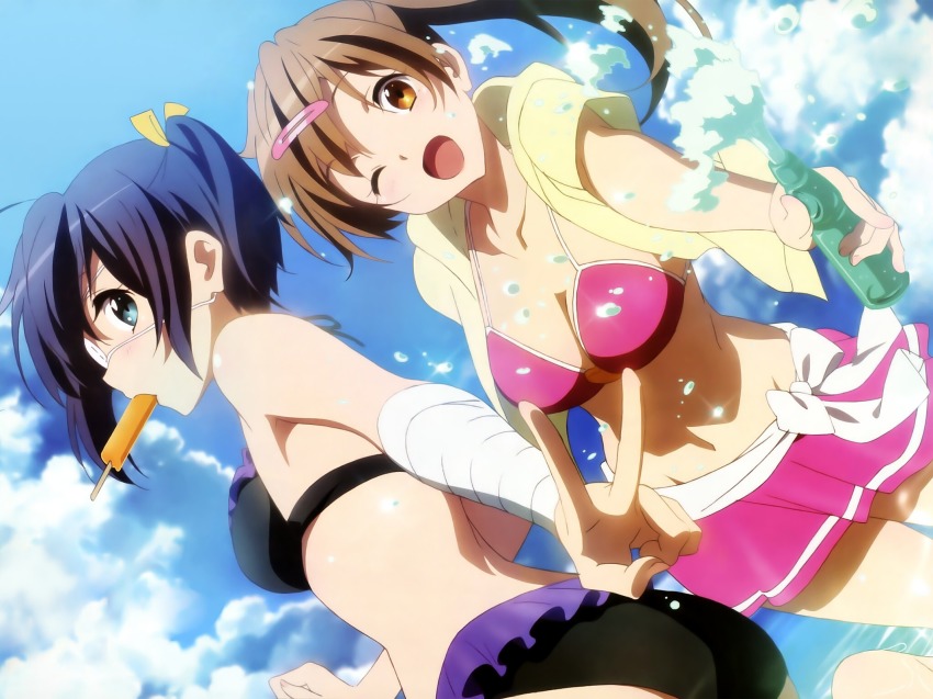 10s, 2girls, ;d, ass, bandages, bikini, bikini_skirt, black_bikini