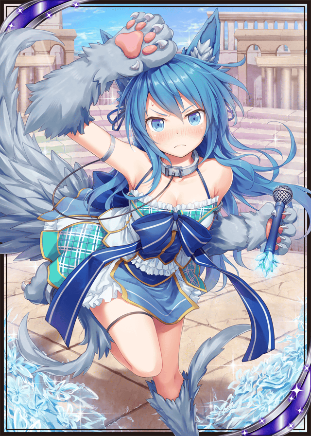 1girl, akkijin, animal_ears, animal_hands, blue_eyes, blue_hair, blue_ribbon, collar