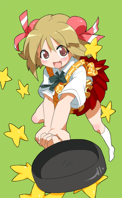 00s, 1girl, :d, apron, blush, bow, brown_hair, bun_cover