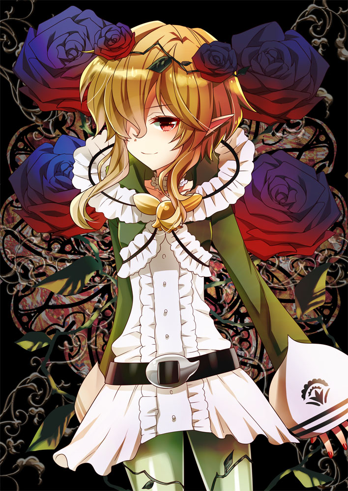 10s, 1girl, blonde_hair, cranberry_(mahoiku), elf, female_focus, flower, hair_over_one_eye