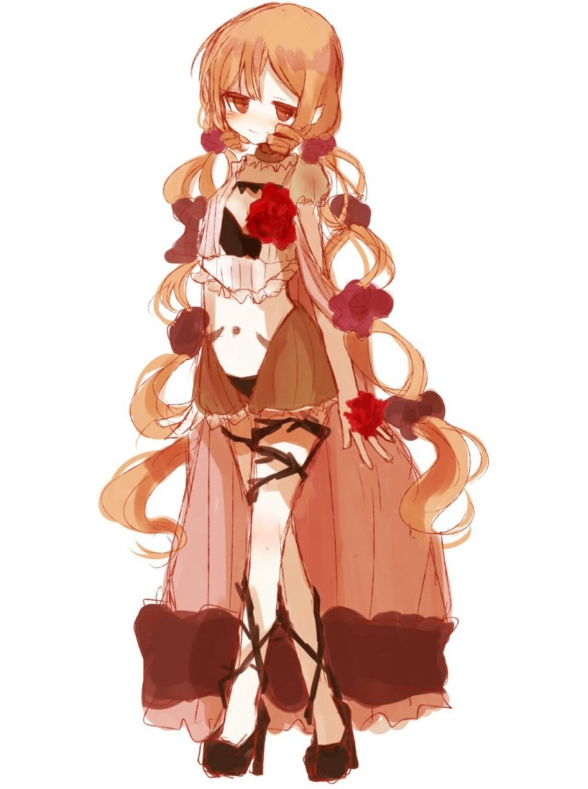 10s, 1girl, bad_id, bad_twitter_id, blonde_hair, cape, elf, female_focus, flower, highres, hueng_(akstp0106), long_hair, mahou_shoujo_ikusei_keikaku, mahou_shoujo_ikusei_keikaku_restart, melville_(gensou_suikoden), navel, pointy_ears, red_eyes, rose, smile, solo, twintails