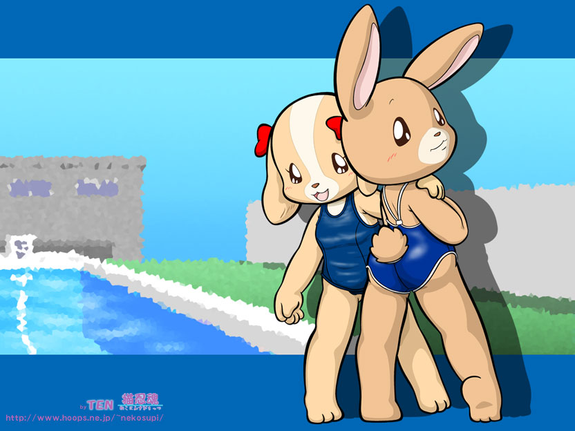 1980s_(style), 2girls, blush, rabbit, child, dog, furry, furry_female, looking_at_viewer, maple_town, multiple_girls, oldschool, patty_(maple_town), retro_artstyle, rolly_(maple_town), smile, swimsuit, ten