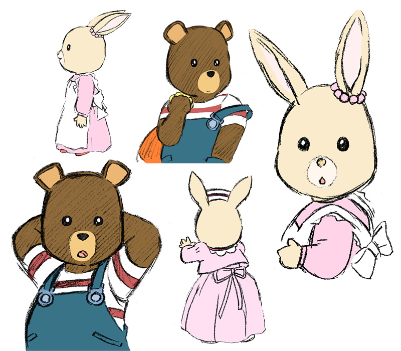 1980s_(style), 1boy, 1girl, apron, arms_behind_back, bear, bobby_(maple_town), dress