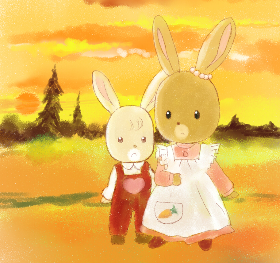 1980s_(style), 1boy, 1girl, apron, brothers, rabbit, dress, frown