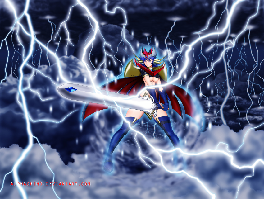 absurdres, blue_eyes, blue_hair, breasts, highres, lightning, mazin_emperor_g, mazinger_(series)