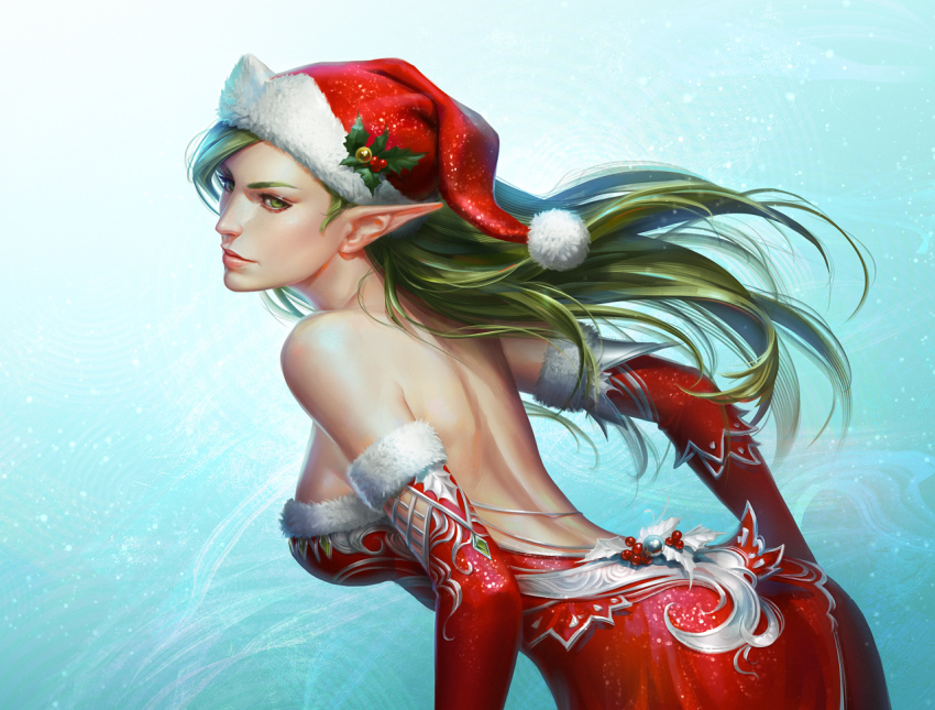 1girl, christmas, closed_mouth, commentary, detached_sleeves, dress, elf, expressionless