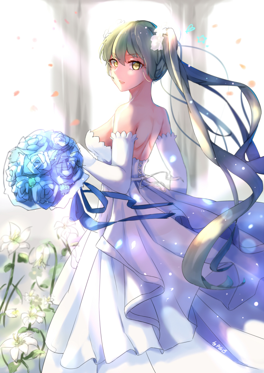 1girl, back, bouquet, dress, elbow_gloves, female_focus, flower, from_side