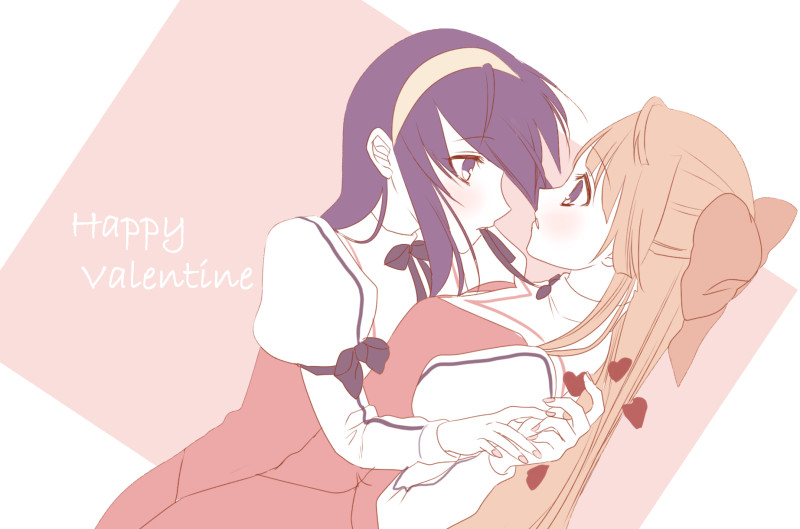 2girls, blue_eyes, blue_hair, bow, couple, dutch_angle, eye_contact, female_focus