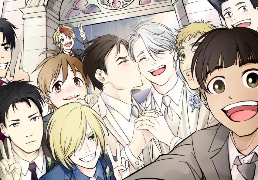 10s, 6+boys, :d, ^_^, black_hair, blonde_hair, blue_eyes, brown_eyes