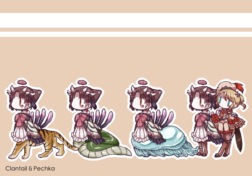 10s, 2girls, butter_run, centaur, character_name, chibi, clantail, highres, horns, jellyfish, lamia, mahou_shoujo_ikusei_keikaku, mahou_shoujo_ikusei_keikaku_restart, monster_girl, multiple_girls, pechika_(mahoiku), snake, taur, tiger