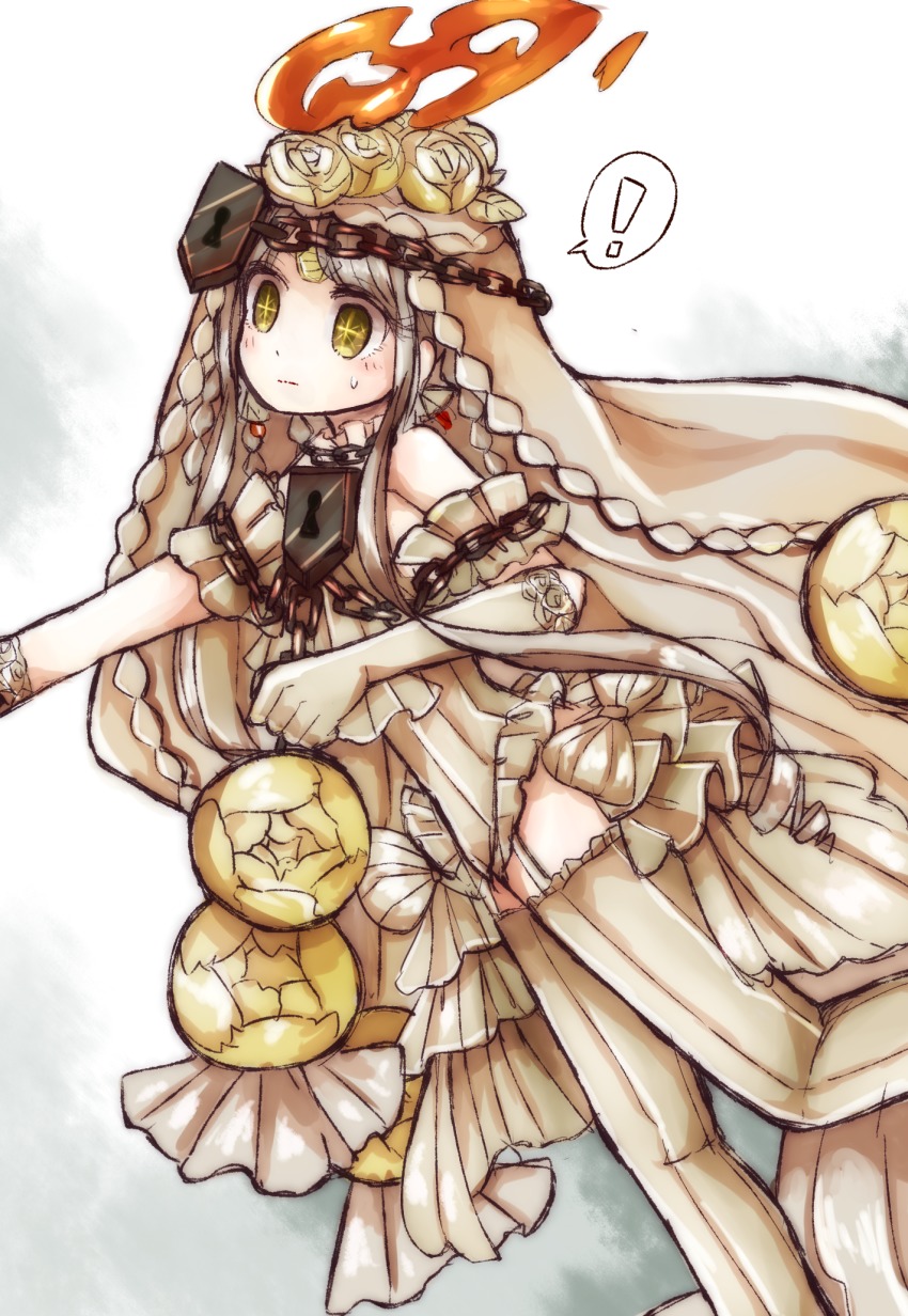 !, 10s, 1girl, braid, butter_run, candle, chain, dress, female_focus, fire, flower, garter_straps, highres, lock, mahou_shoujo_ikusei_keikaku, mahou_shoujo_ikusei_keikaku_limited, solo, thighhighs, veil, wedding_dress, wedin