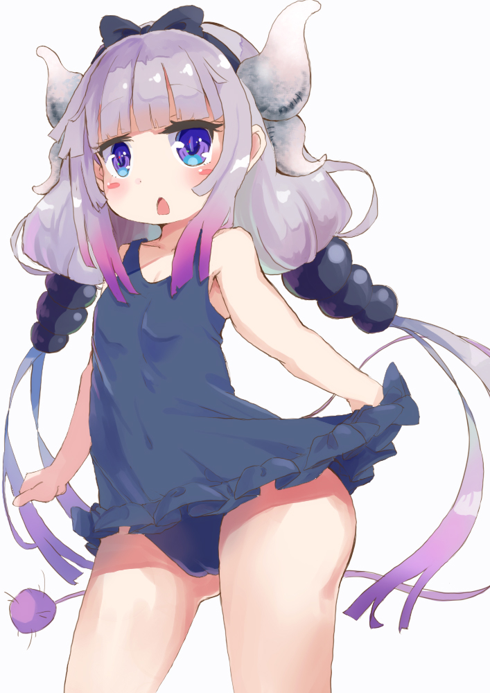 10s, 1girl, bare_shoulders, blue_eyes, blue_one-piece_swimsuit, blunt_bangs, blush_stickers, breasts, cameltoe, female_focus, frilled_swimsuit, frills, hair_ornament, hashibuto, horns, kanna_kamui, kobayashi-san_chi_no_maidragon, long_hair, looking_at_viewer, one-piece_swimsuit, open_mouth, purple_hair, simple_background, small_breasts, solo, sphere_hair_ornament, standing, swimsuit, tail, very_long_hair, white_background