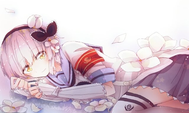 10s, 1girl, bad_id, bad_twitter_id, female_focus, lying, mahou_shoujo_ikusei_keikaku, momizi11005, on_side, pink_hair, short_hair, snow_white_(mahoiku), solo, yellow_eyes