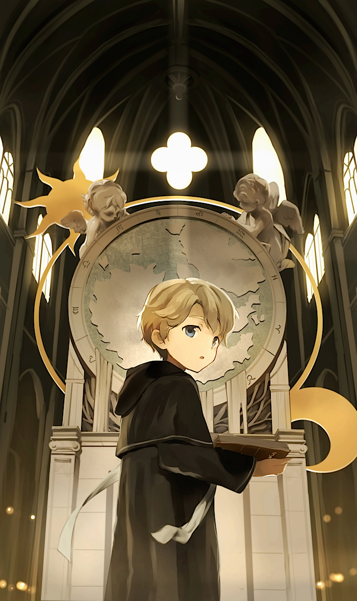 1boy, :o, altar, angel, aquarius_(symbol), aquarius_(zodiac), architecture, aries_(symbol), bad_id, bad_pixiv_id, blonde_hair, blue_eyes, book, capricorn_(symbol), child, church, cocolo_(co_co_lo), crescent, crescent_moon, from_behind, from_side, gothic_architecture, holding, holding_book, hood, indoors, leo_(symbol), leo_(zodiac), libra_(symbol), light, light_particles, light_rays, long_sleeves, looking_at_viewer, male_focus, moon, open_book, open_mouth, original, pisces_(symbol), sagittarius_(symbol), sagittarius_(zodiac), scorpio_(symbol), sculpture, solo, sun, sunbeam, sunlight, tareme, taurus_(symbol), thick_eyebrows, vaulted_ceiling, virgo_(symbol), window, zodiac