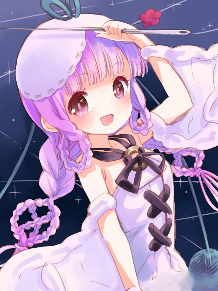 10s, 1girl, braid, female_focus, filuru, hat, knitting_needle, mahou_shoujo_ikusei_keikaku, mahou_shoujo_ikusei_keikaku_jokers, needle, purple_eyes, purple_hair, smile, solo, takano_natsuki, yarn, yarn_ball