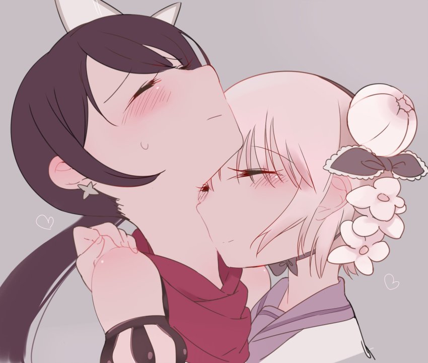 10s, 2girls, bad_id, bad_twitter_id, bare_shoulders, black_hair, blush, couple, closed_eyes, flower, hair_flower, hair_ornament, happy, harino_m, highres, hug, kiss, mahou_shoujo_ikusei_keikaku, multiple_girls, kissing_neck, pink_hair, ripple_(mahoiku), scarf, side_ponytail, smile, snow_white_(mahoiku), yuri