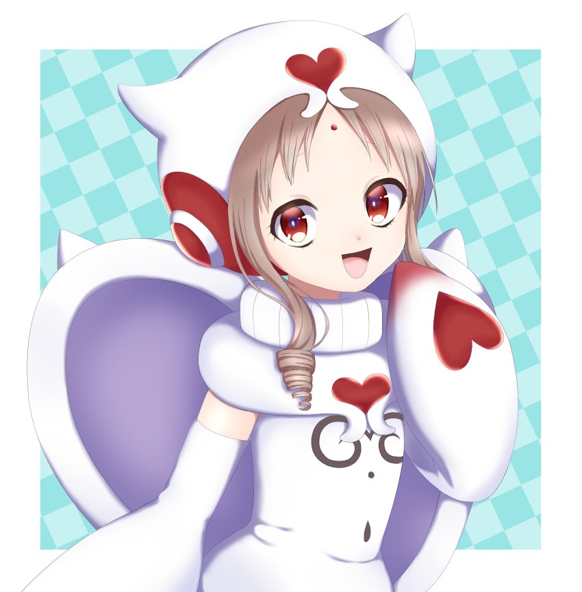 10s, 1girl, absurdres, animal_hood, blonde_hair, checkered_background, clio, detached_sleeves