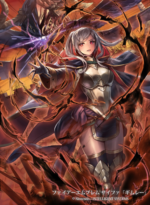 1girl, alternate_costume, armor, aura, breastplate, cloak, cuboon, dark_aura, dragon, female_robin_(fire_emblem), female_robin_(grandmaster)_(fire_emblem), female_robin_(grima)_(fire_emblem), fire_emblem, fire_emblem_awakening, fire_emblem_cipher, grima_(fire_emblem), horns, looking_at_viewer, miniskirt, monster, nintendo, red_eyes, silver_hair, skirt, thighhighs, thighs, twintails