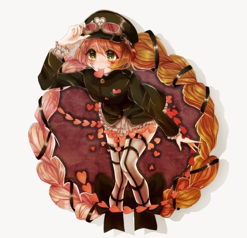 10s, 1girl, 7753, artist_collaboration, braid, butter_run, female_focus, gakuran, green_eyes, hat, heart, leaning_forward, mahou_shoujo_ikusei_keikaku, mahou_shoujo_ikusei_keikaku_limited, multicolored_hair, school_uniform, shiako_mhik, solo, thighhighs, twin_braids, two-tone_hair