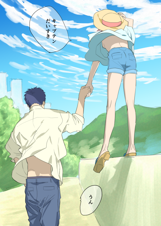 2boys, ace_of_diamond, bad_id, bad_pixiv_id, blue_sky, breasts, cloud, cloudy_sky, commentary_request, couple, day, denim, from_behind, holding_hands, hat, jeans, kimidake, kominato_haruichi, male_focus, mountain, multiple_boys, pants, pink_hair, sandals, shirt, short_hair, shorts, sky, small_breasts, sun_hat, t-shirt, tree, walking, wall, wind, wind_lift, yaoi, yuuki_tetsuya