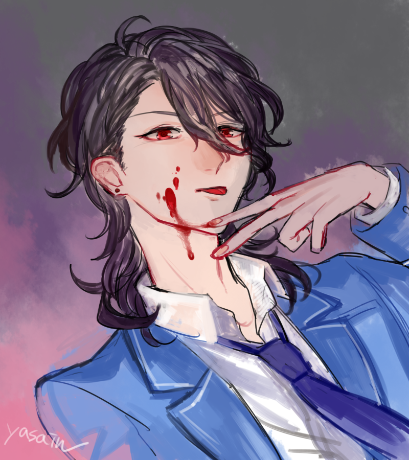 10s, 1boy, black_hair, blazer, blood, earrings, ensemble_stars!, hair_between_eyes