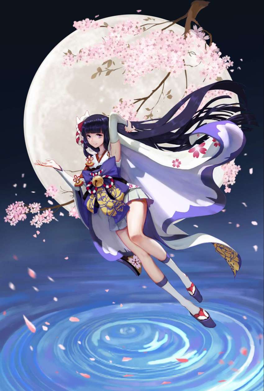 1girl, arm_up, arm_warmers, bell, black_hair, cape, cherry_blossoms, female_focus