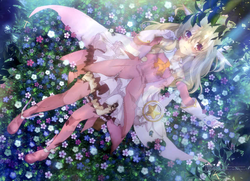 1girl, absurdres, black_thighhighs, blonde_hair, blood, boots, brown_eyes, cape, detached_sleeves, fate/kaleid_liner_prisma_illya, fate_(series), feather_hair_ornament, feathers, female_focus, field, flower, flower_field, from_above, gloves, hair_ornament, highres, illyasviel_von_einzbern, long_hair, looking_at_viewer, lying, magical_girl, magical_ruby, on_back, pink_boots, pink_feather, pink_feathers, pink_thighhighs, prisma_illya, skirt, solo, thighhighs, torn_boots, torn_clothes, torn_skirt, torn_thighhighs, ushijima_nozomi, white_gloves, white_skirt
