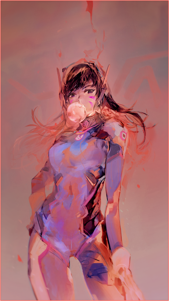 1girl, animal_print, arm_at_side, armor, bad_id, bad_twitter_id, blowing_bubble_gum, blowing_bubbles, blue_bodysuit, bodysuit, border, bracer, breasts, brown_eyes, brown_hair, character_name, chewing_gum, classic_d.va, closed_mouth, covered_navel, cowboy_shot, d.va_(overwatch), facepaint, facial_mark, female_focus, gloves, hand_on_own_hip, headphones, high_collar, legs_apart, long_hair, long_sleeves, looking_at_viewer, mecha_pilot_suit, orka, overwatch, overwatch_1, pauldrons, rabbit_print, red_border, ribbed_bodysuit, shoulder_armor, shoulder_pads, skin_tight, solo, swept_bangs, thigh_strap, whisker_markings, white_gloves