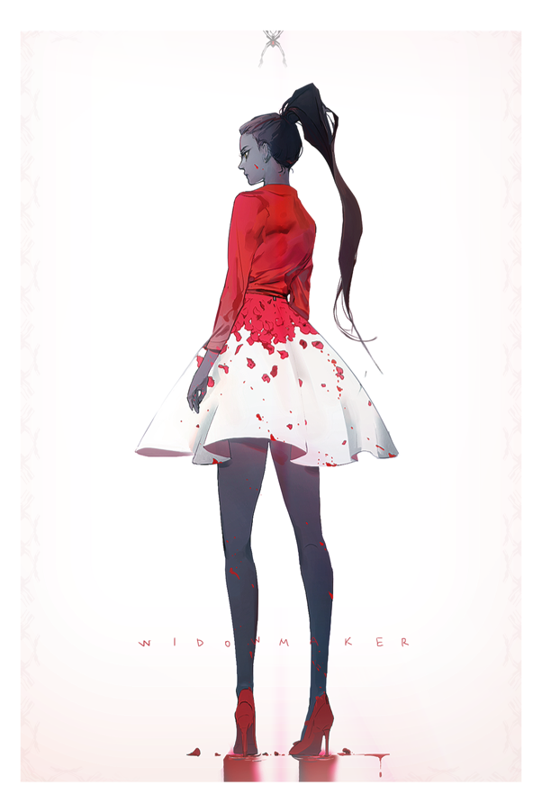 1girl, arms_at_sides, bad_id, bad_twitter_id, black_pantyhose, blood, blood_drip, casual, character_name, closed_mouth, colored_skin, dress, female_focus, from_behind, full_body, high_heels, high_ponytail, legs_apart, long_hair, long_sleeves, nose, orka, overwatch, overwatch_1, pantyhose, pigeon-toed, ponytail, profile, purple_hair, purple_skin, red_shirt, red_shoes, reflection, shirt, shoes, skirt, skirt_set, solo, standing, standing_on_liquid, water, white_skirt, widowmaker_(overwatch), yellow_eyes