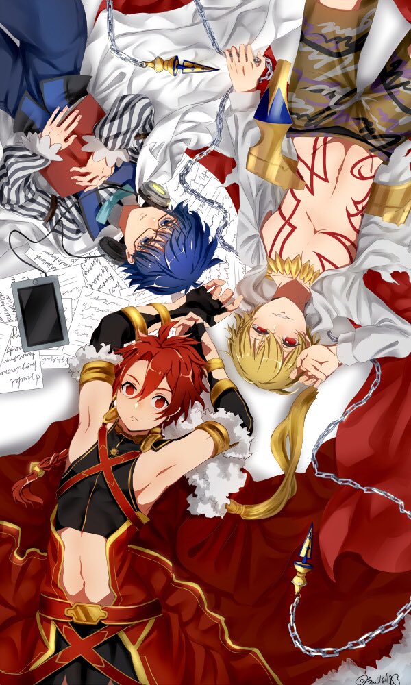 10s, 3boys, abs, alexander_(fate), bed, blonde_hair, blue_eyes, blue_hair