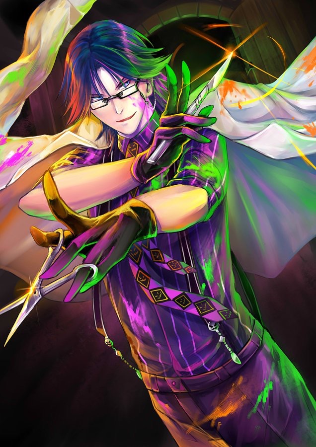 1boy, band_yarouze!, black-framed_eyewear, black_gloves, black_hair, black_pants, blood, blood_on_clothes, blood_on_face, blue_eyes, chiroyann, glasses, glint, gloves, kurusu_makoto, looking_at_viewer, male_focus, necktie, open_door, pants, pink_necktie, scalpel, scissors, shirt, solo, striped_clothes, striped_shirt, suspenders