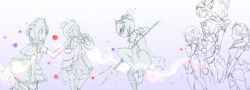 10s, 6+girls, armor_arlie, bluebell_candy, coatifan, fighting_stance, limited_palette, mahou_shoujo_ikusei_keikaku