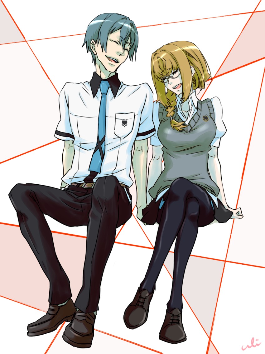 10s, 1boy, 1girl, :d, belt, black_pantyhose, blue_hair, braid