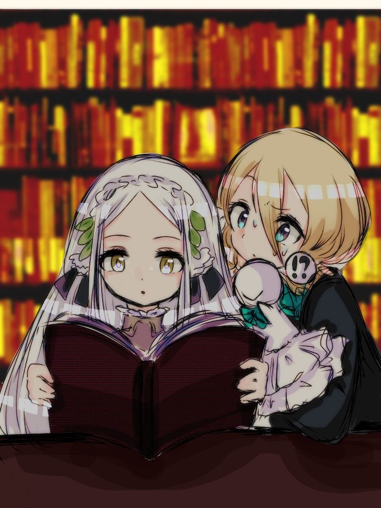 !?, 10s, 2girls, bad_id, bad_twitter_id, blonde_hair, book, inactive_account