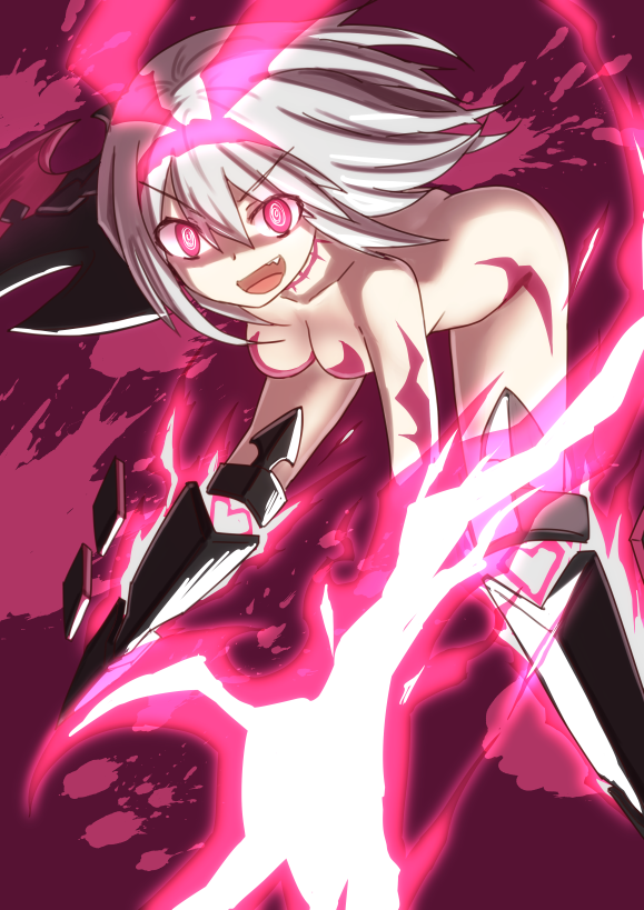 1girl, alice_(mary_skelter), ass, breasts, female_focus, hair_ornament, hair_ribbon, lightning_bolt_symbol