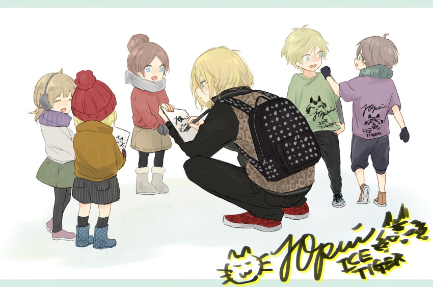 10s, 3boys, 3girls, ^_^, animal_print, backpack, bag, black_legwear